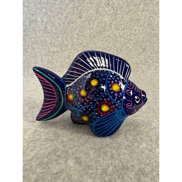 Other - Mexican Pottery Fish Sculpture Hand Painted Terra Cotta Folk Art Cobalt Blue